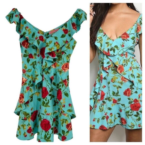 Signatures Ruffle Front Flounce Mini Dress Size S Rose Print Back Zip Ruffle Hem - Picture 16 of 16